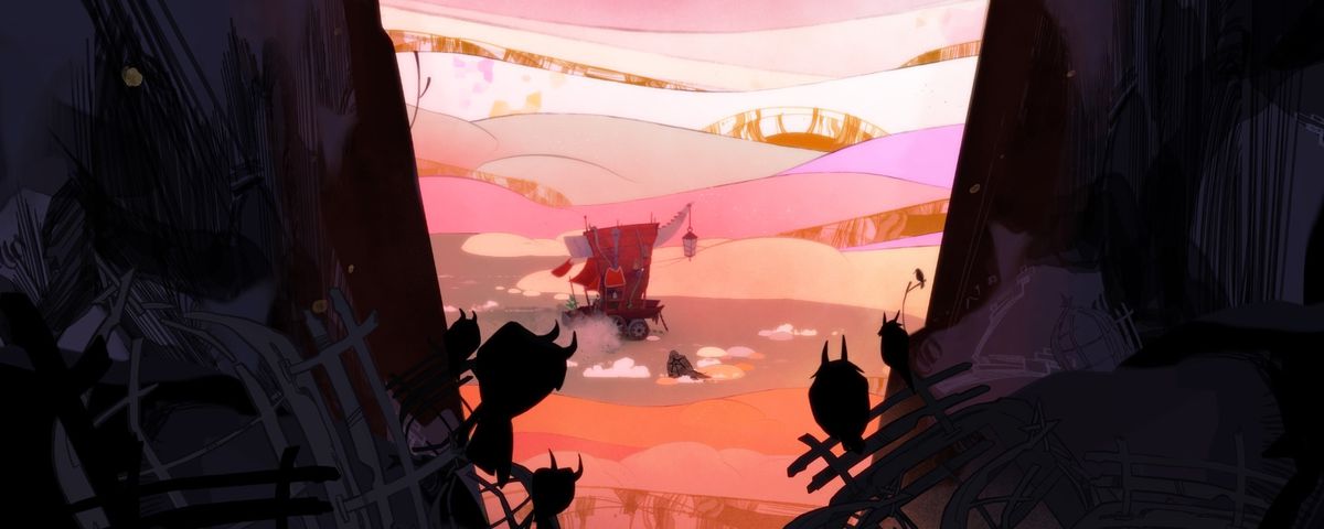 In the foreground, dark abstract shapes cut into the left 1/3rd and right 1/3rd of the image, with a few silhouetted horned birds sitting on branches. In the foreground, the middle 1/3rd of the image, a red covered wagon with a ramshackle aesthetic and a lantern hanging off what looks like a bone giving structure to the top of the wagon drives through dunes of pink and orange.