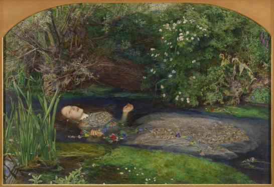 John Everett Mallais's painting "Ophelia," which depicts the character from "Hamlet" floating, dead, in a stream with lush greenery around her and flower floating above her.
