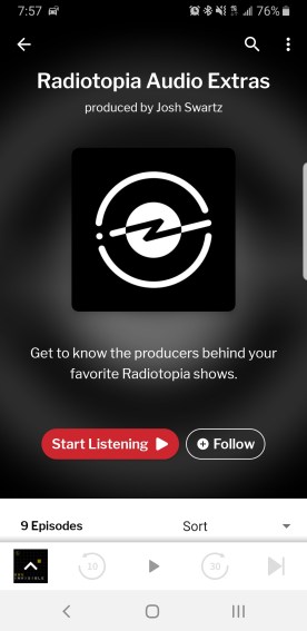 A screenshot from an android phone showing the RadioPublic feed for Radiotopia Audio Extras.